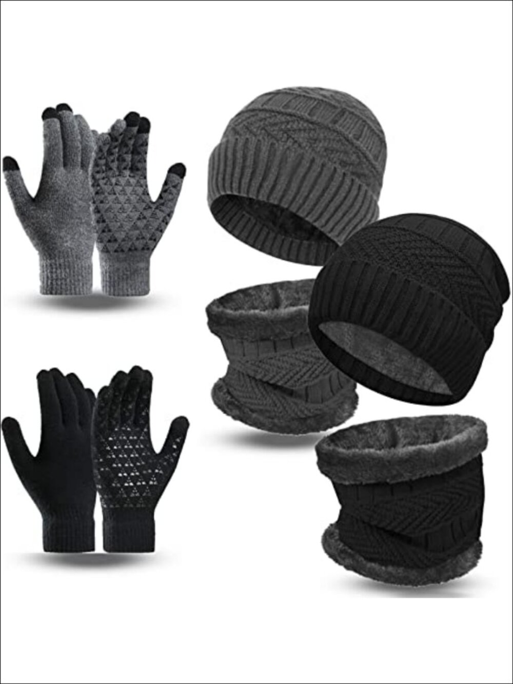 Winter Beanie Hat Scarf Gloves Set Knitted Skull Cap Touchscreen Mittens Neck